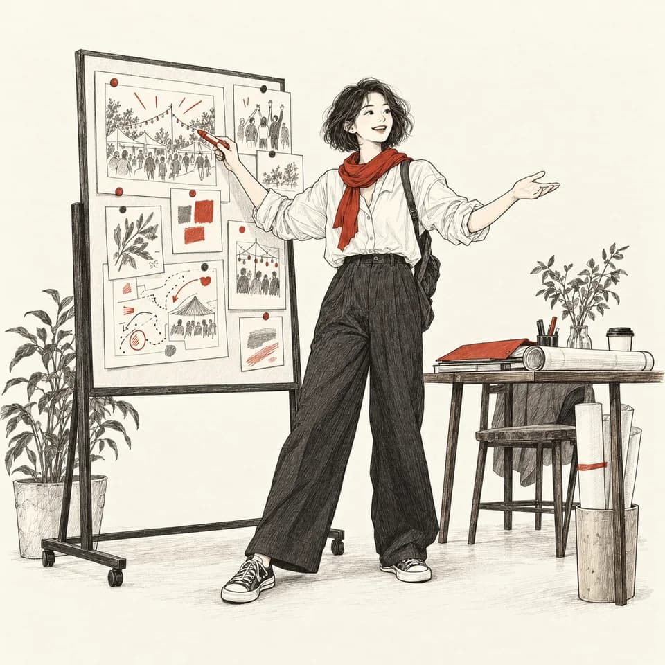 朱色のスカーフを巻き、ボードの企画案を指しながら提案する人物の線画