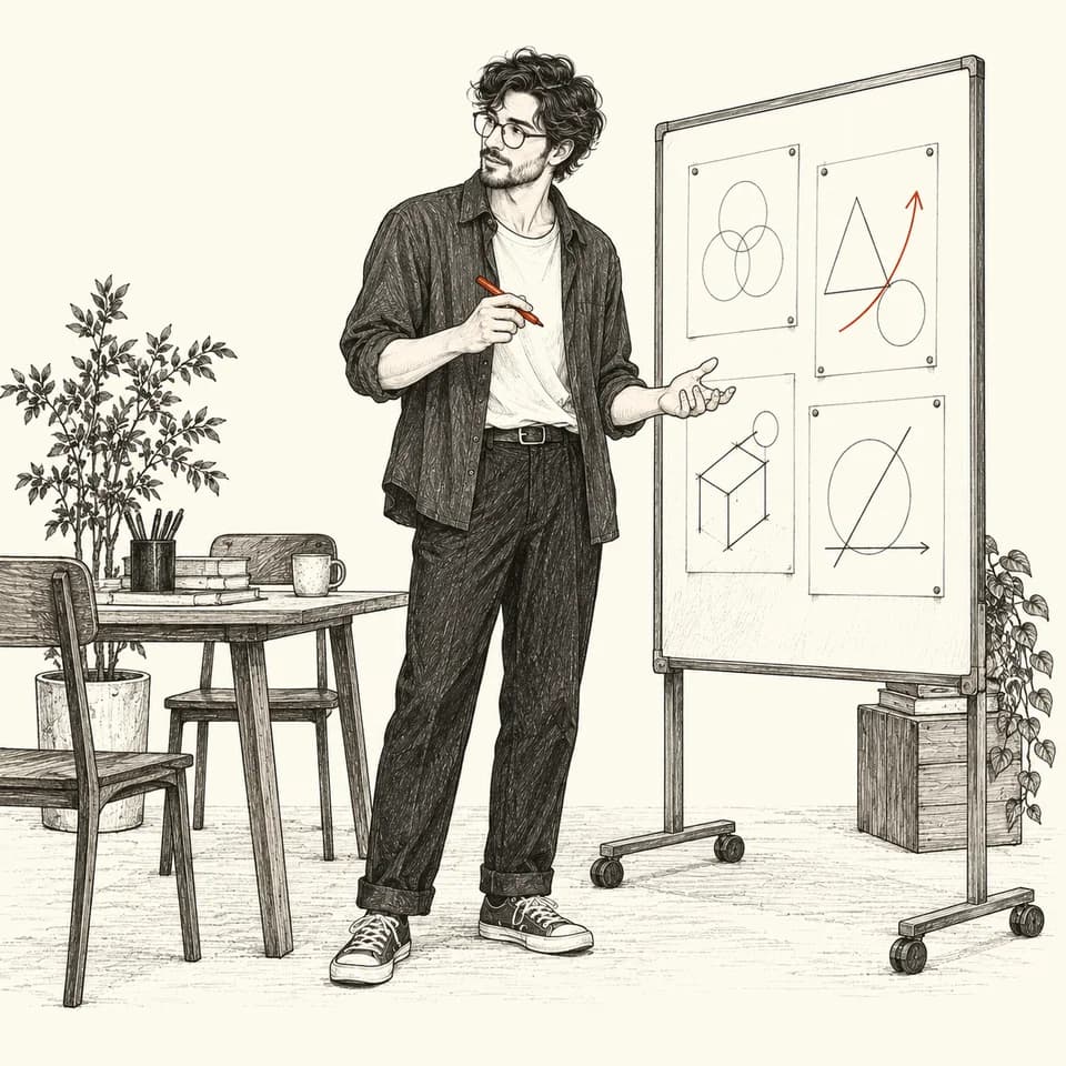 図を描いたボードの前で意見に耳を向ける進行役の線画