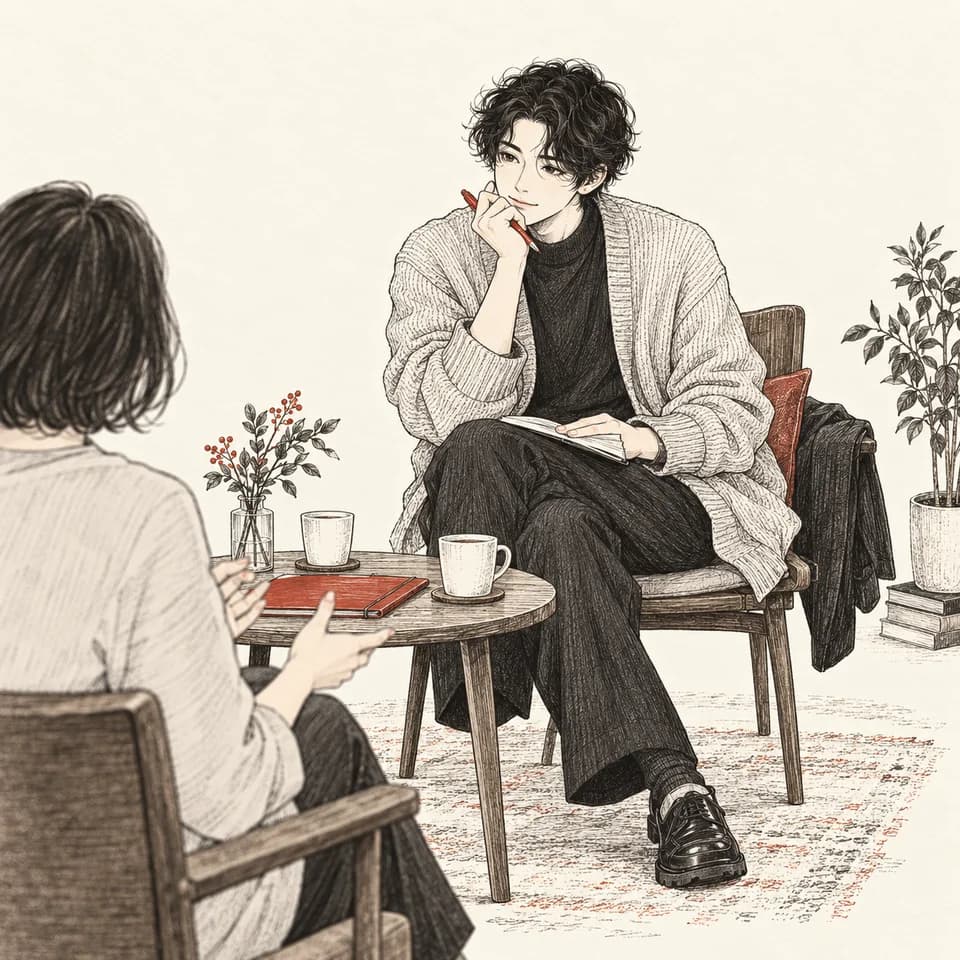膝にノートを置き、向かいに座る相手の話を聞く相談役の線画