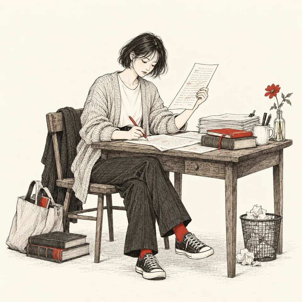 机で原稿を読み、朱色のペンで推敲する書き手の線画