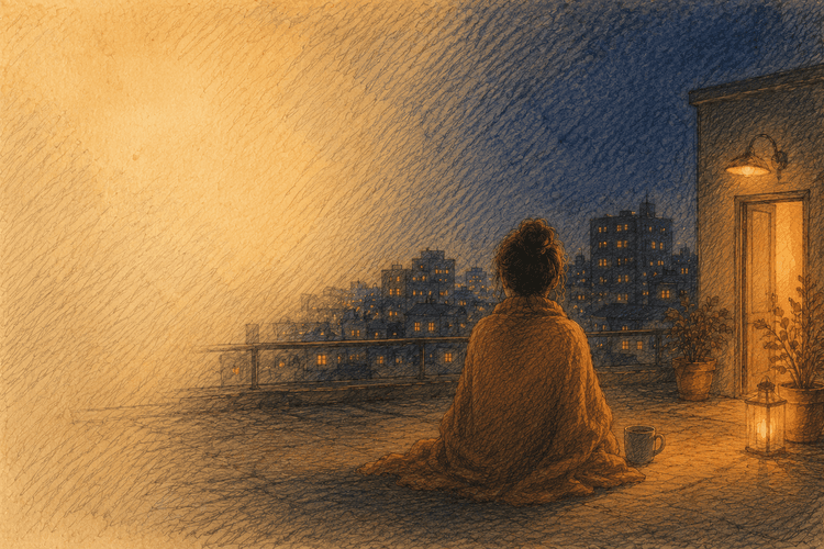 夜のアパートの一室でお茶を飲みながら街を眺める人物の油絵風イラスト