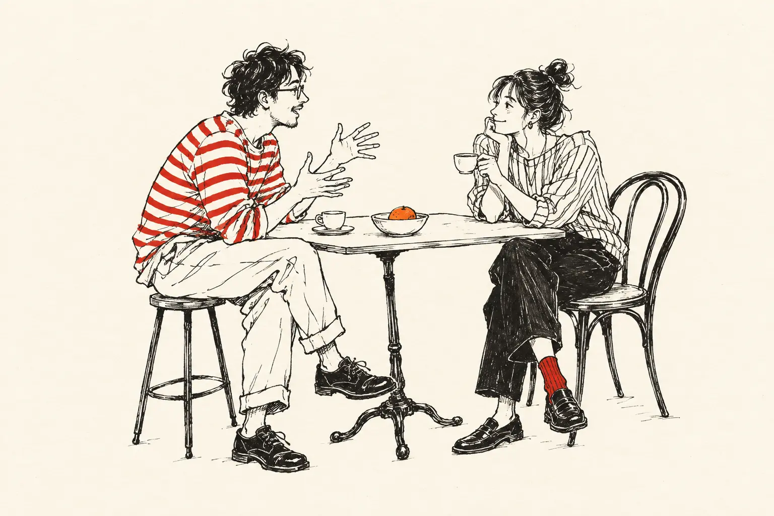 カフェのテーブルで、身ぶりを交えて話す人と、コーヒーを手に耳を傾ける人の線画