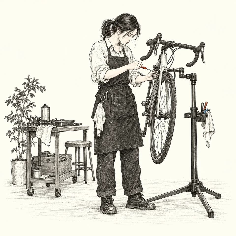 修理台で自転車のブレーキを調整する整備担当者の線画